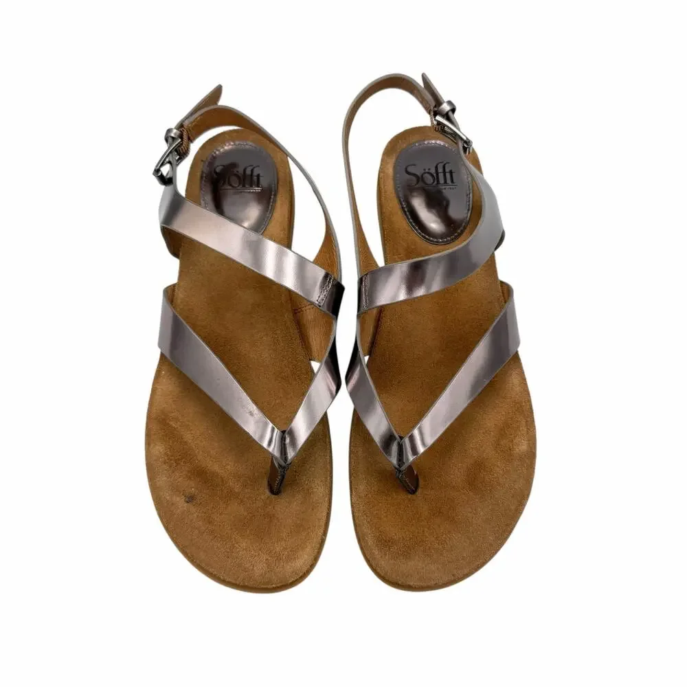 Sofft Rory Pewter Patent Leather Strappy Heel Buckle Thong Comfort Sandals